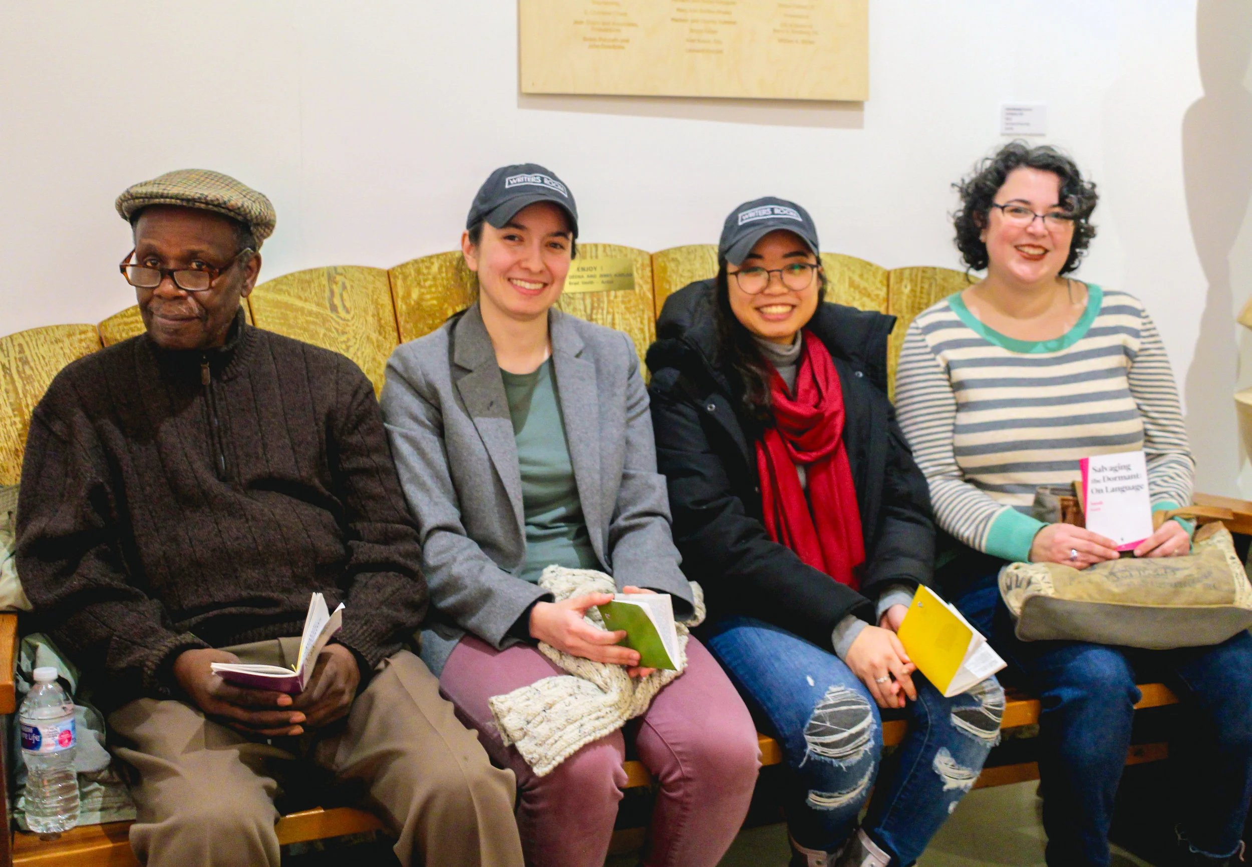Four of our six fall 2018 Shockwire Chapbook Series authors reading at The Center for Art in Wood. Pictured (left to right): Norman Cain, Lauren Lowe, Briyanna Hymms, and Sarah Grey