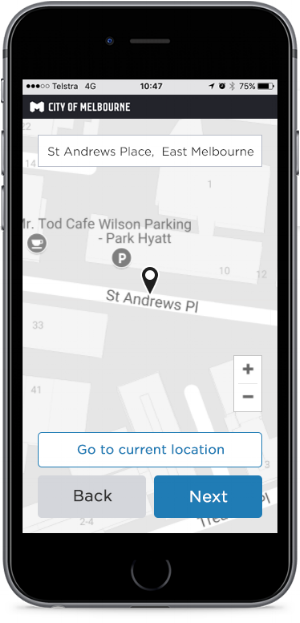 Choosing 'Find on map' opens full screen map with GPS feature if location services are on.