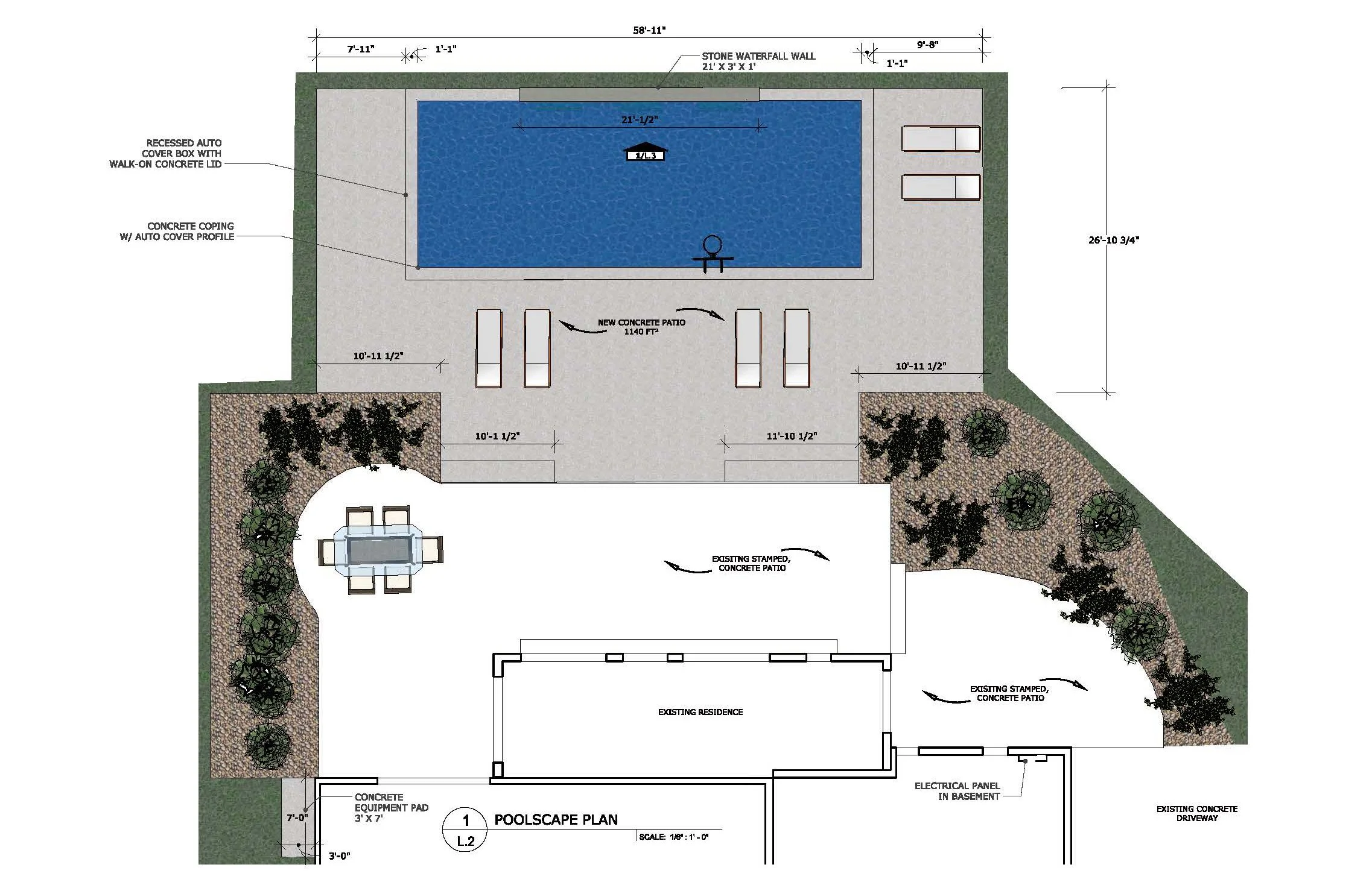 Detailed custom swimming pool and outdoor living plan showing integrated patio, water feature wall, and pool layout in Northwest Ohio.