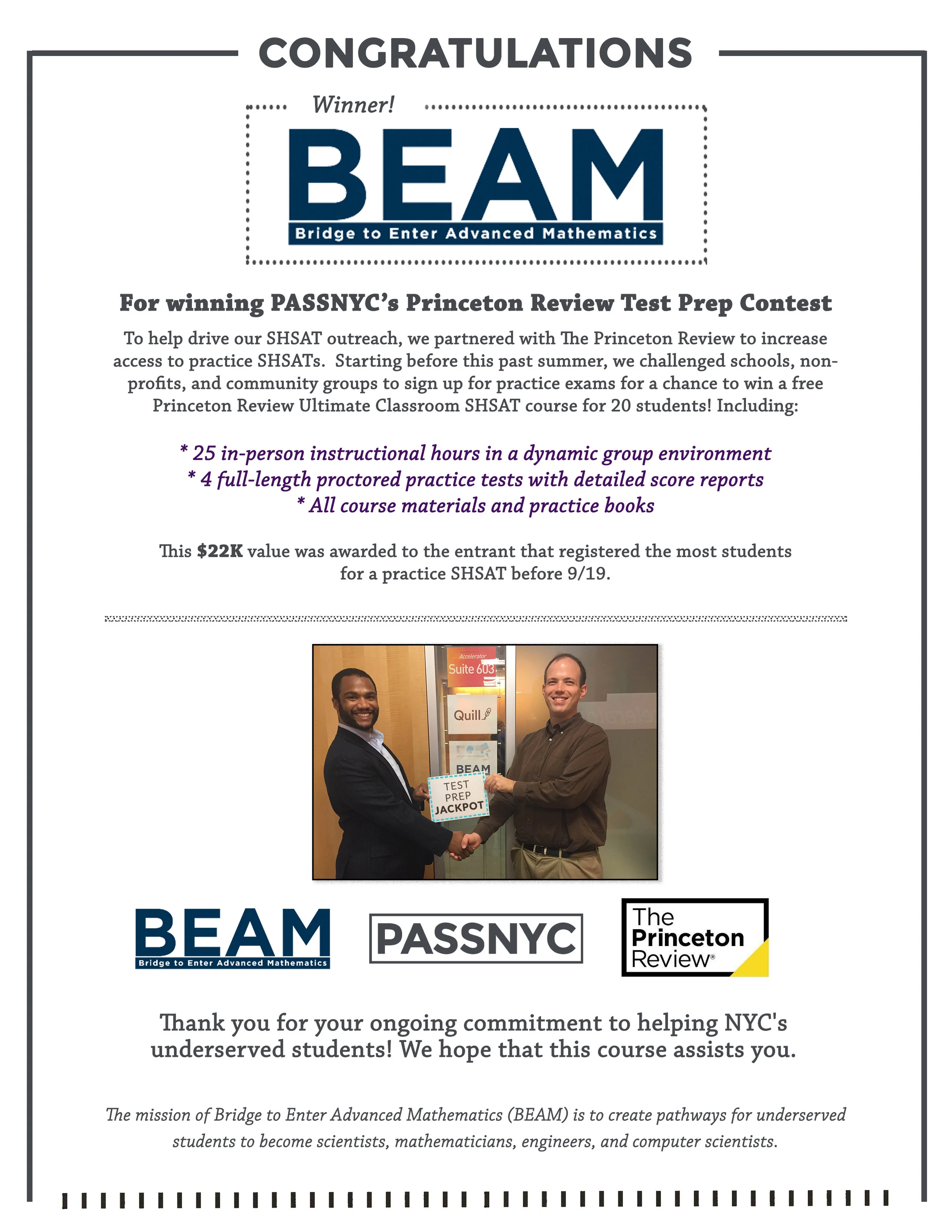 Pictured above: PASSNYC Founder Ryan J. S. Baxter awards contest prize to BEAM Founder Daniel Zaharopol