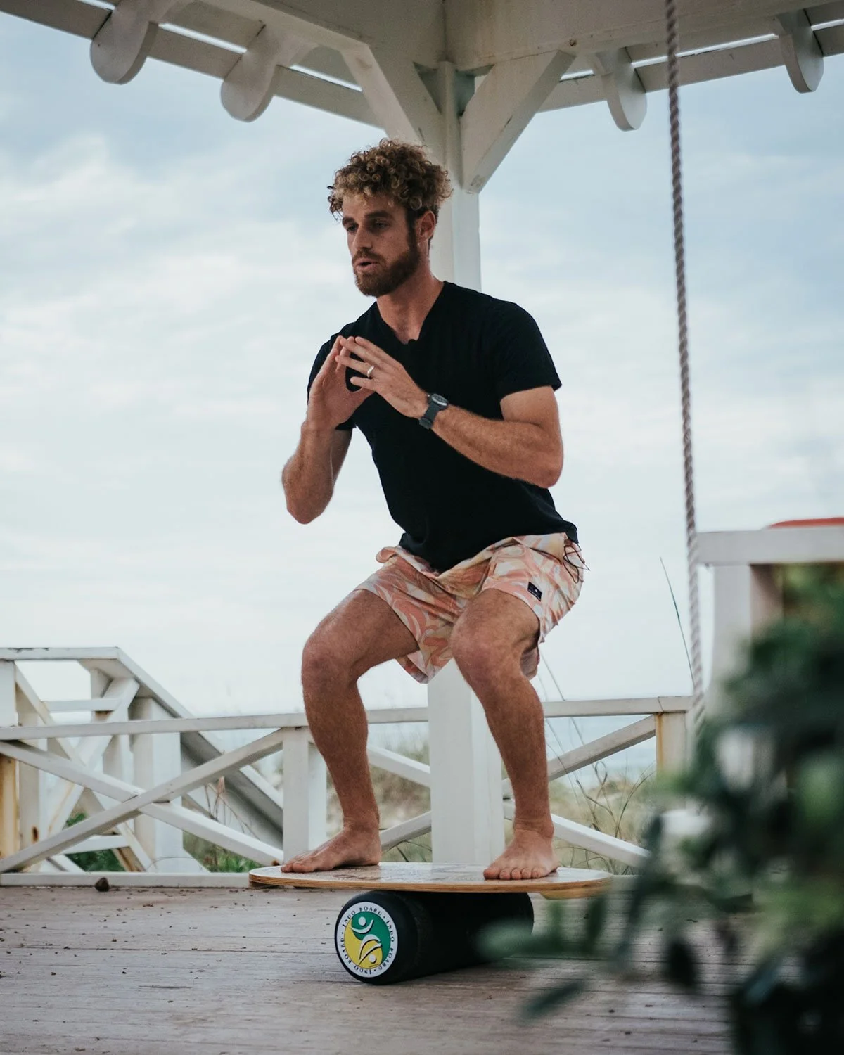 practicing balance on a balance board