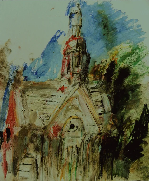 Howard Skrill, Wood on top of tomb in Green-Wood Cemetery, Brooklyn, oil stick, oil pastel, chalk pastel, colored and graphite pencils on paper, 14” x 17”, ©2016