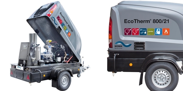 EcoTherm The hot water EcoTherm trailer excels in its performance. Cleaning with hot water is in some cases more effective than with cold water. This means there less pressure is needed to carry out similar cleaning.