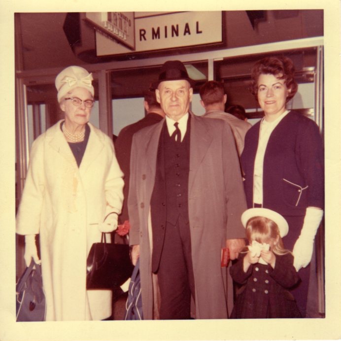 1965 - Welcoming the grandparents at Dorval Airport. The flashbulb on Dad's camera always blinded me so I was prepared. That's what gloves are for. This photo indicates my early fashion influences - you'd never guess that Grammy and Papa were farmers.