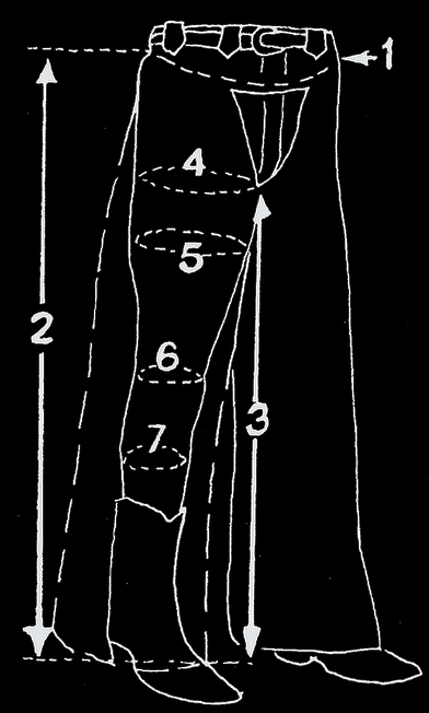 1. Waist: Measure around were the top of chaps will be worn, usually right below the actual waist. 2. Outseam: Measure from right below the waist to the floor. 3. Inseam: Measure from high into the crotch to the floor. When in doubt, measure long. 4. Thigh: Measure biggest part of thigh. 5. Middle Thigh: Measure around leg at point halfway between thigh and knee. 6. Lower Thigh: Measure right above the knee cap. 7. Calf: Measure biggest part below knee, usually above top of boot.