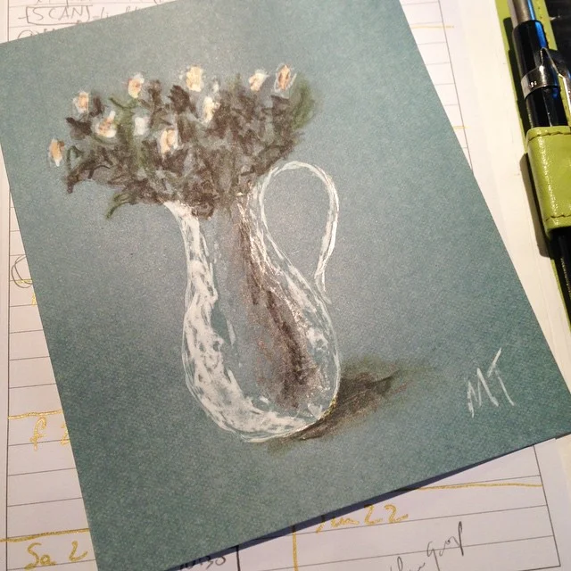 Can't figure out if the sketching or the writing is more important, with the daily practice on the front and artistic confessions on the back. Either way, I'm starting to wonder what my mailman thinks of these postcards every day...?