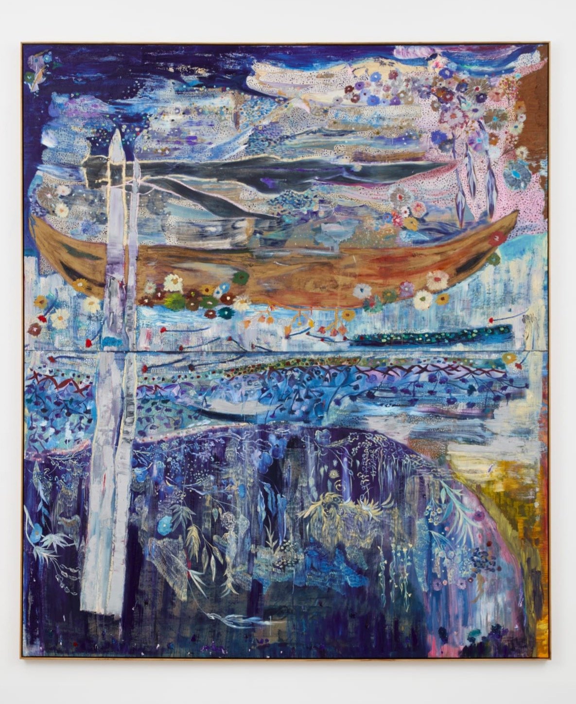 Nascer da Terra at Marianne Boesky Gallery in New York features a new series of vibrant, imaginary landscapes by Thalita Hamaoui. The artist uses oil paints, oil sticks, and pigments to build up richly saturated environments that interweave impressio