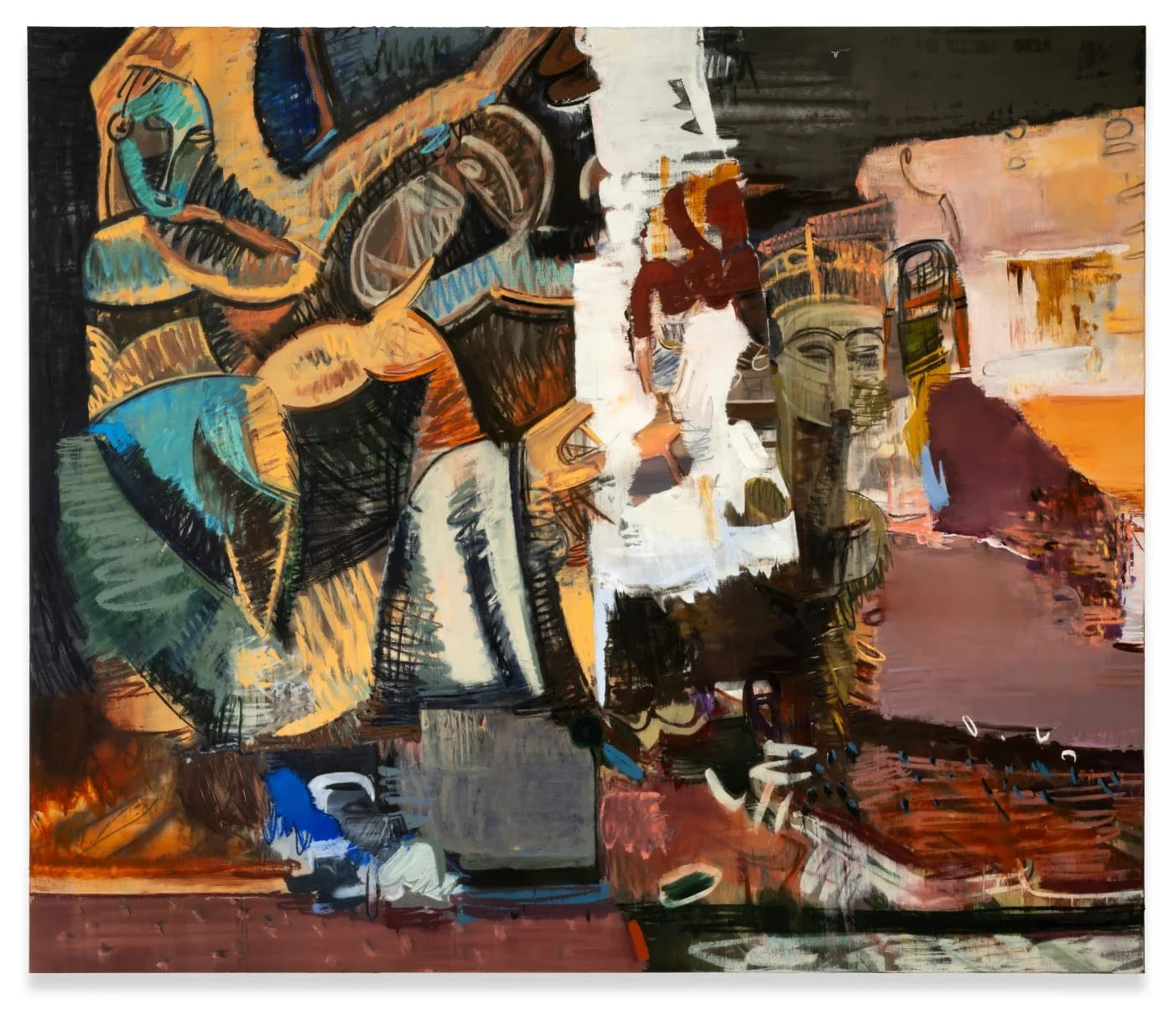 Atlas at Thaddaeus Ropac at Ely House is Han Bing's debut solo show in London. The paintings are inspired by the accumulation of images in urban settings, especially the layering of signs, stickers, graffiti and posters. Made with a mix of oil paint,