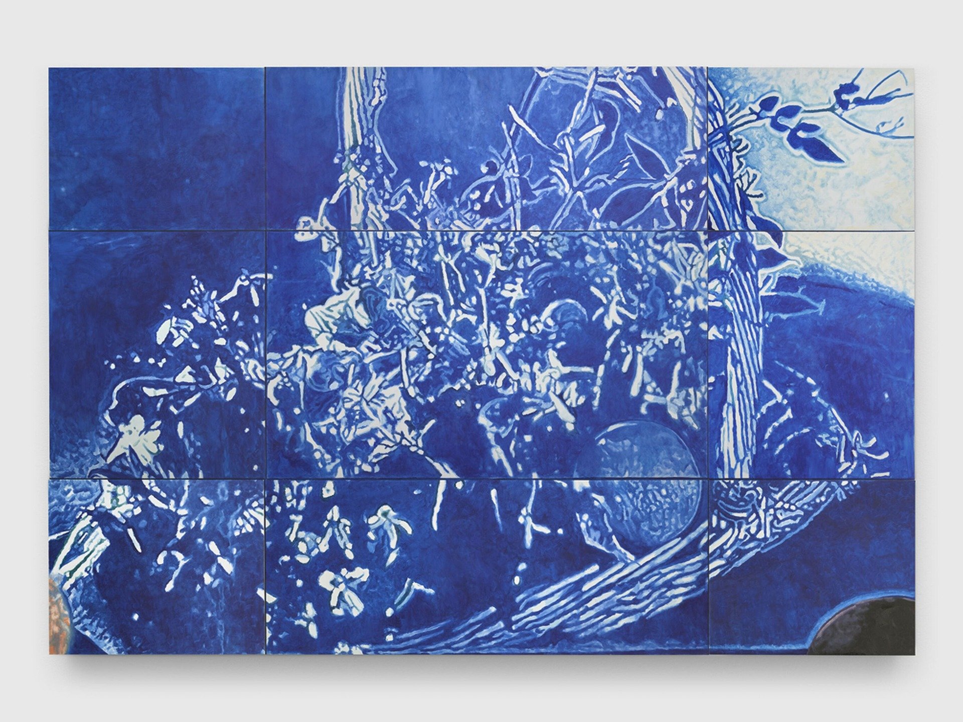 The Fruit Basket at David Zwirner Los Angeles presents paintings by Luc Tuymans that examine the instability of the image under conditions of digital reproduction. Enlarged, blurred compositions, painted after phone photographs and 3D-printed figures