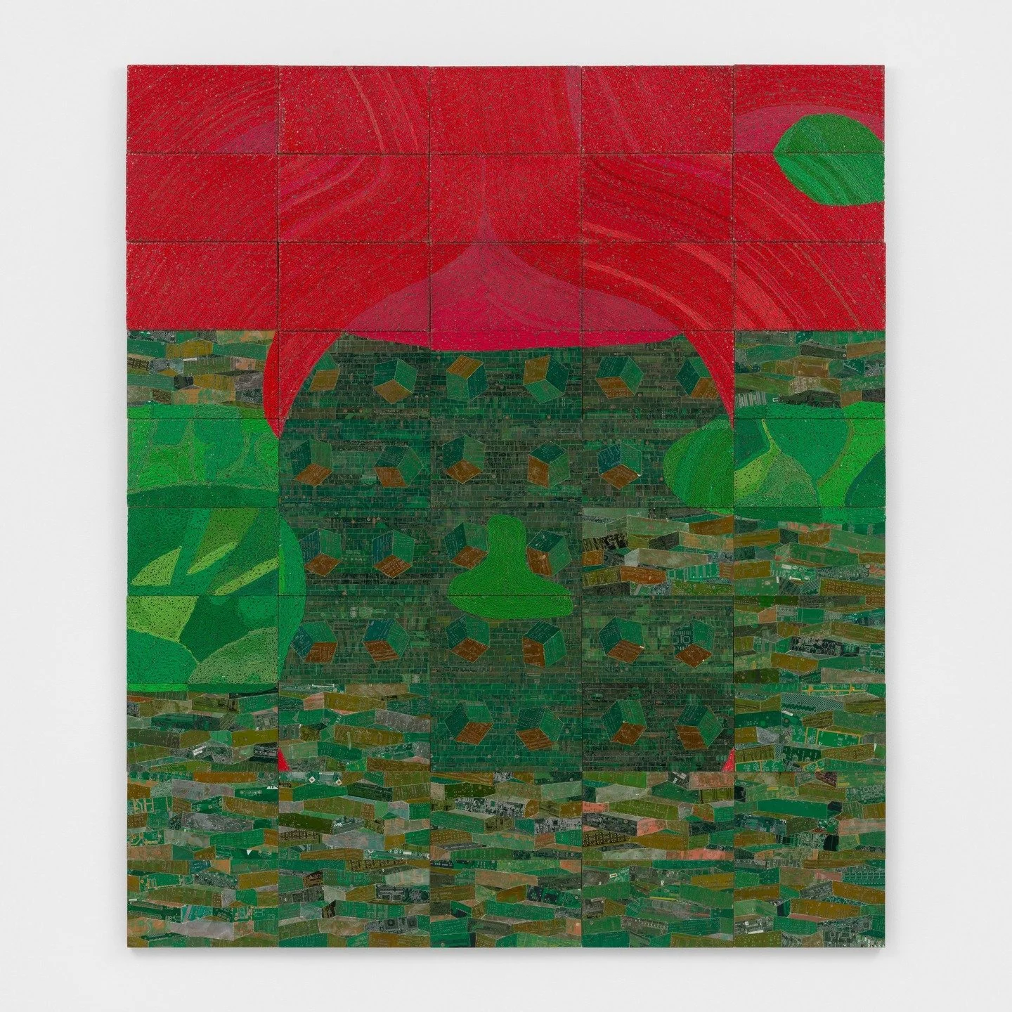 Now showing in FINAL DROP at James Cohan Gallery, Elias Sime&rsquo;s Tightrope weavings reconfigure the infrastructure of digital life into surface. Sime reassembles electrical wires and circuit board fragments into dense, abstract fields.
In the wor