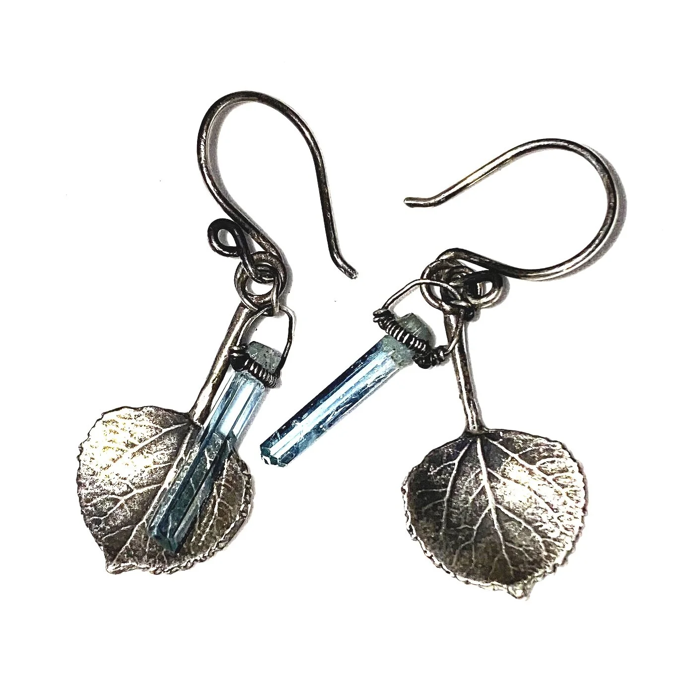 Silver Leaf Earrings with Aquamarine Crystal // $138
