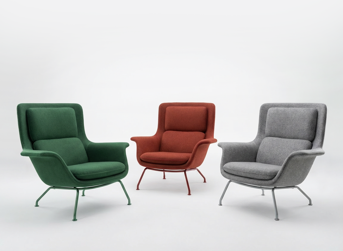 Firefly_Gemini Flash_Three lounge chairs in felt upholstery. One in fern green , one in brick red and one  814465 copy.png