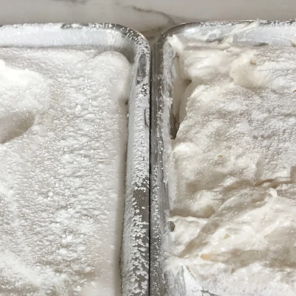The perfect marshmallow texture on the left. On the right, marshmallows that were whipped too long after they had cooled.