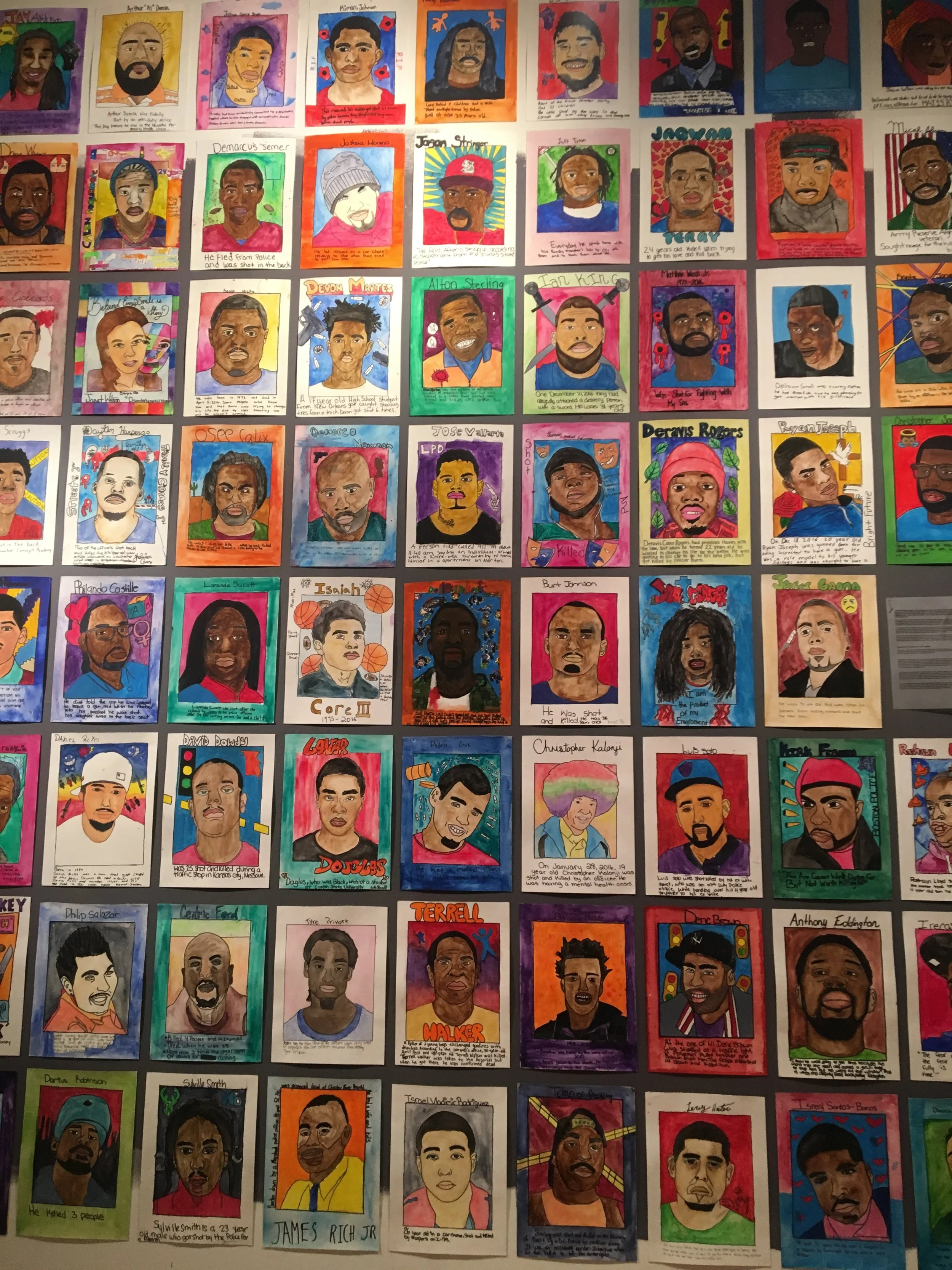  There Are No Second Chances Here,  Watercolor on Paper  2017   Each portrait is 11”x15”  Participating Artists: Cris Reyes, Kaleb Stobbs, Ronaldo Diaz, Iyanna Pearce, Aiasha Anderson, Johnathan Diaz, Ymari Bartley, D’Andre Greene, Kylie Prophet, Mer