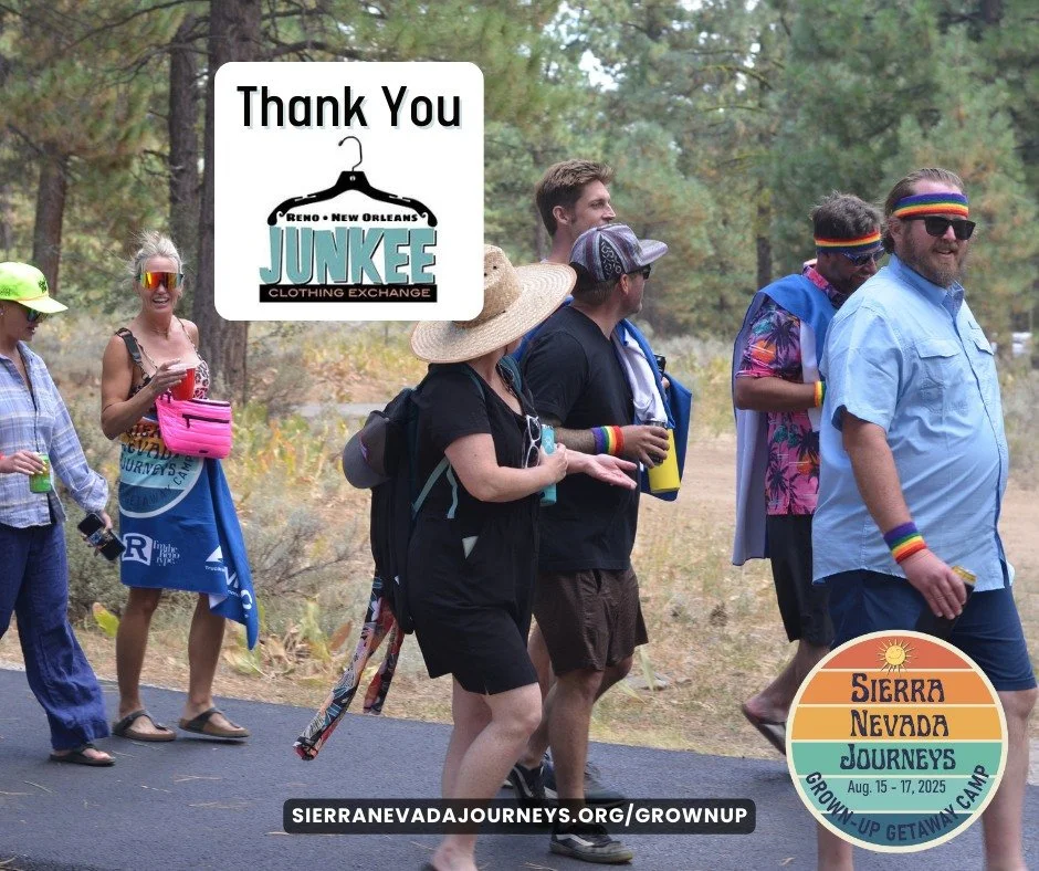 Junkee Clothing Exchange brings the fun, flair and vibe to your outfits for any event. Grown-Up Getaway Camp is a chance to unwind, leave responsibilities behind and have fun. Thank you @junkeereno  for supporting our raffle. 
sierranevadajourneys.or