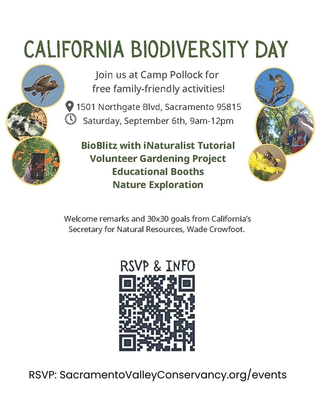 Biodiversity Day is a FREE event this Saturday, Sept. 6, from 9:00 am to noon, at Camp Pollock, 1501 Northgate Blvd., Sacramento, CA.

Join us and other local conservation and education organizations as we come together for a morning of festivities c