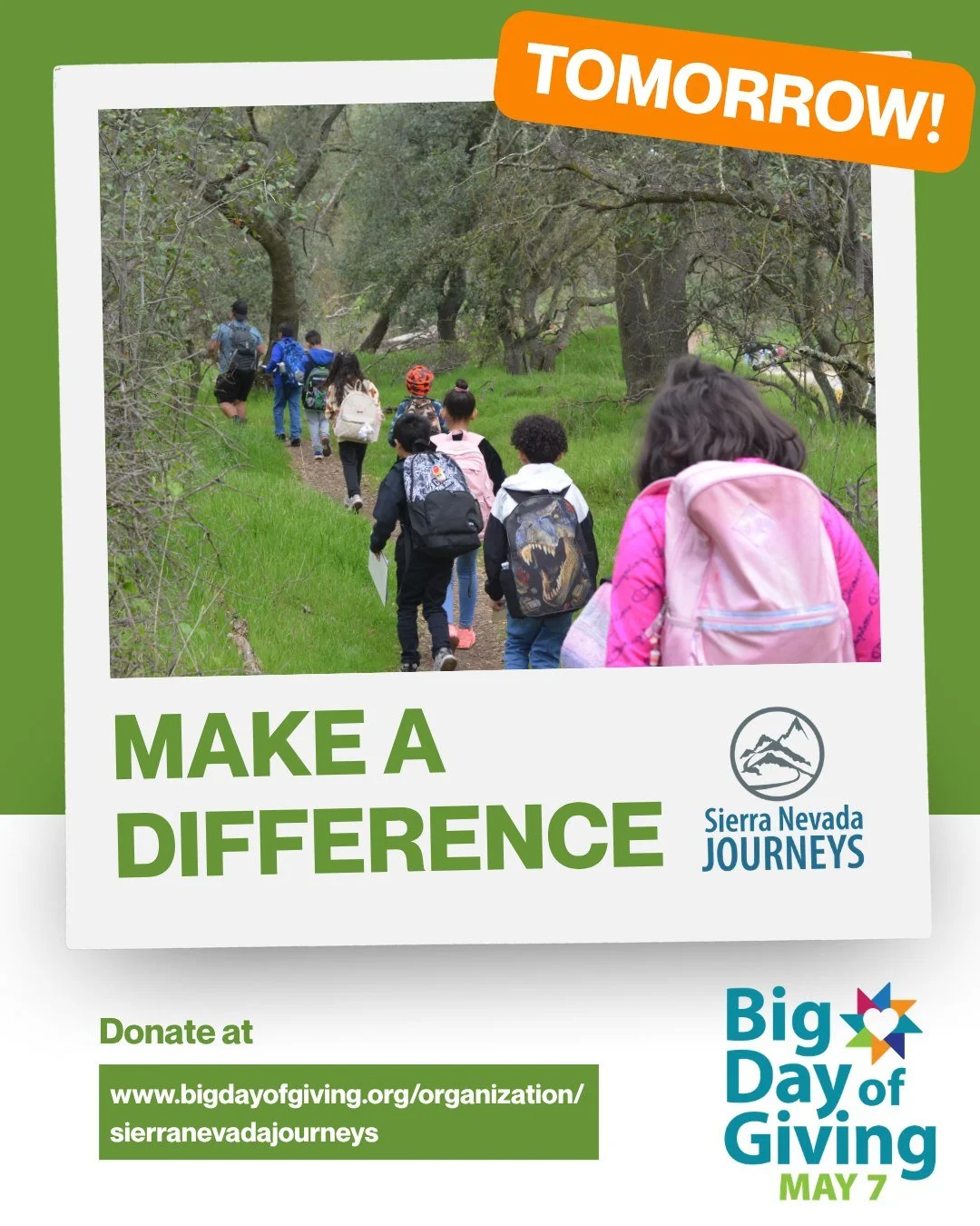 Tomorrow is Big Day of Giving.

If Sierra Nevada Journeys has ever made you believe in the power of outdoor learning, now is a great time to give.

A generous donor will match all gifts up to $5,000, doubling your impact for more students. Give early