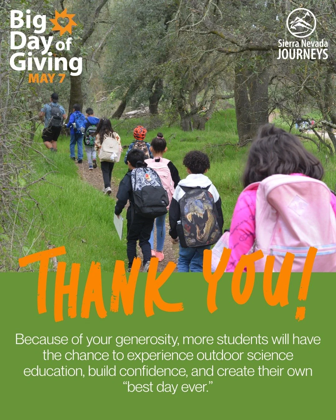 Thank you to everyone who gave during Big Day of Giving.

Because of your generosity, more students will have the chance to experience outdoor science education, build confidence, and create their own &ldquo;best day ever.&rdquo;

We are so grateful 