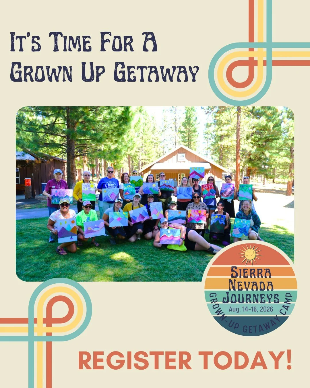 Grown-Up Getaway Camp is coming August 14-16 in Portola, California.

This adults-only weekend includes classic camp activities, live music, creative workshops, meals, lodging and time under the pines with people who are ready to laugh, rest and reco