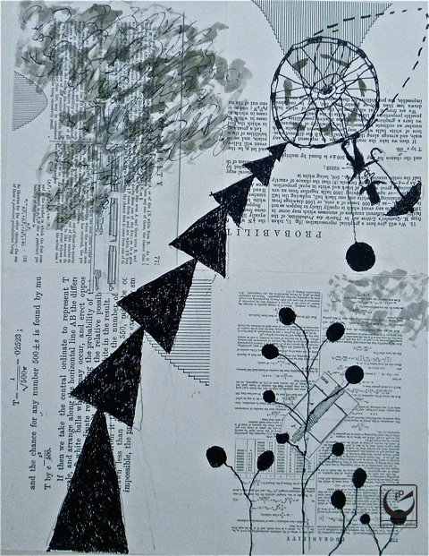  Gravity Free(dom). India Ink & Collage. 17 x 22"