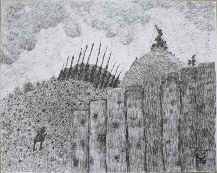 A Gap in the Fence, Uniball Pen, 18 x 24"