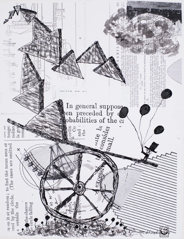 Unsteady Balance, India Ink & Collage, 17 x 22"