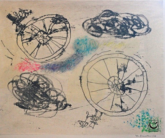 Roundabout, Monotype, gouache + wax crayon, 8 x 10," 2016