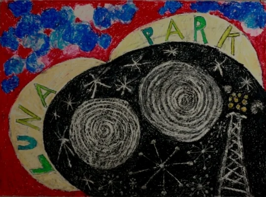 LUNA PARK AT NIGHT. 22 X 30" WAX CRAYON ON PAPER. 2016.