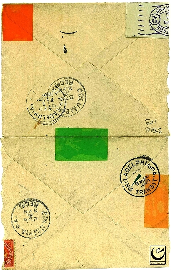 Untitled, 4 x 5," envelope, colored plastic, stamps, 2014