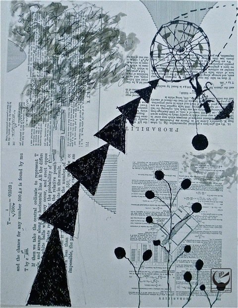 Gravity Free(dom). India Ink &amp; Collage. 17 x 22"