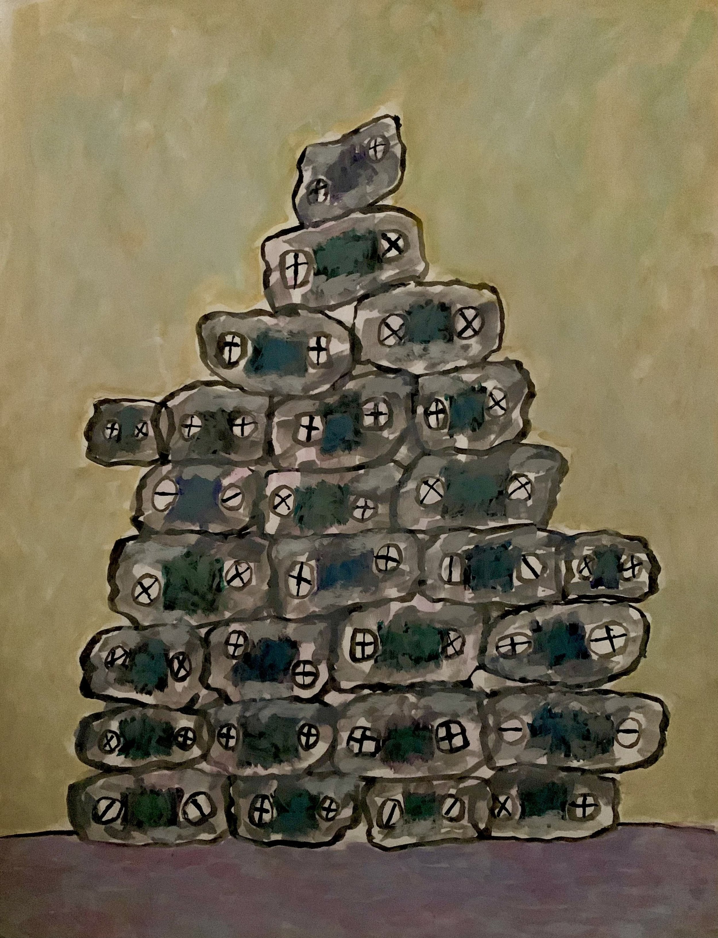 Broken Cycle Series: Chain Pile. Gouache on Arches Paper. 24” x 18.” 2024.