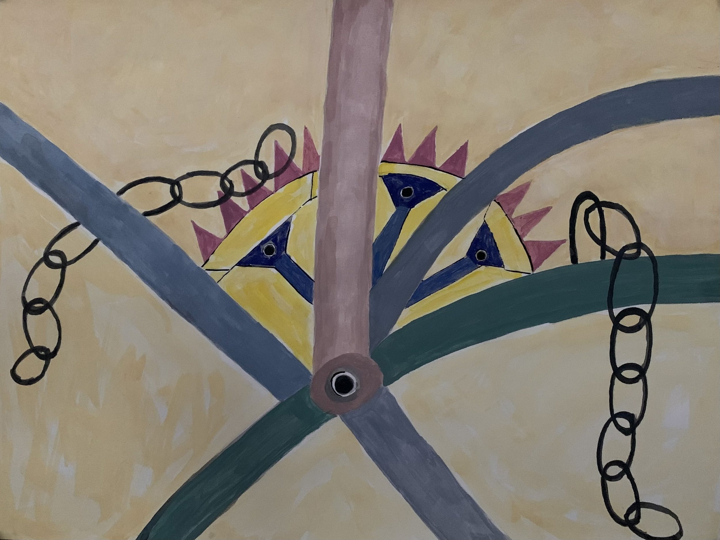 Broken Cycle Series: Chain, Wheel, and Tubes. Gouache on Arches Paper. 24” x 18.” 2024.