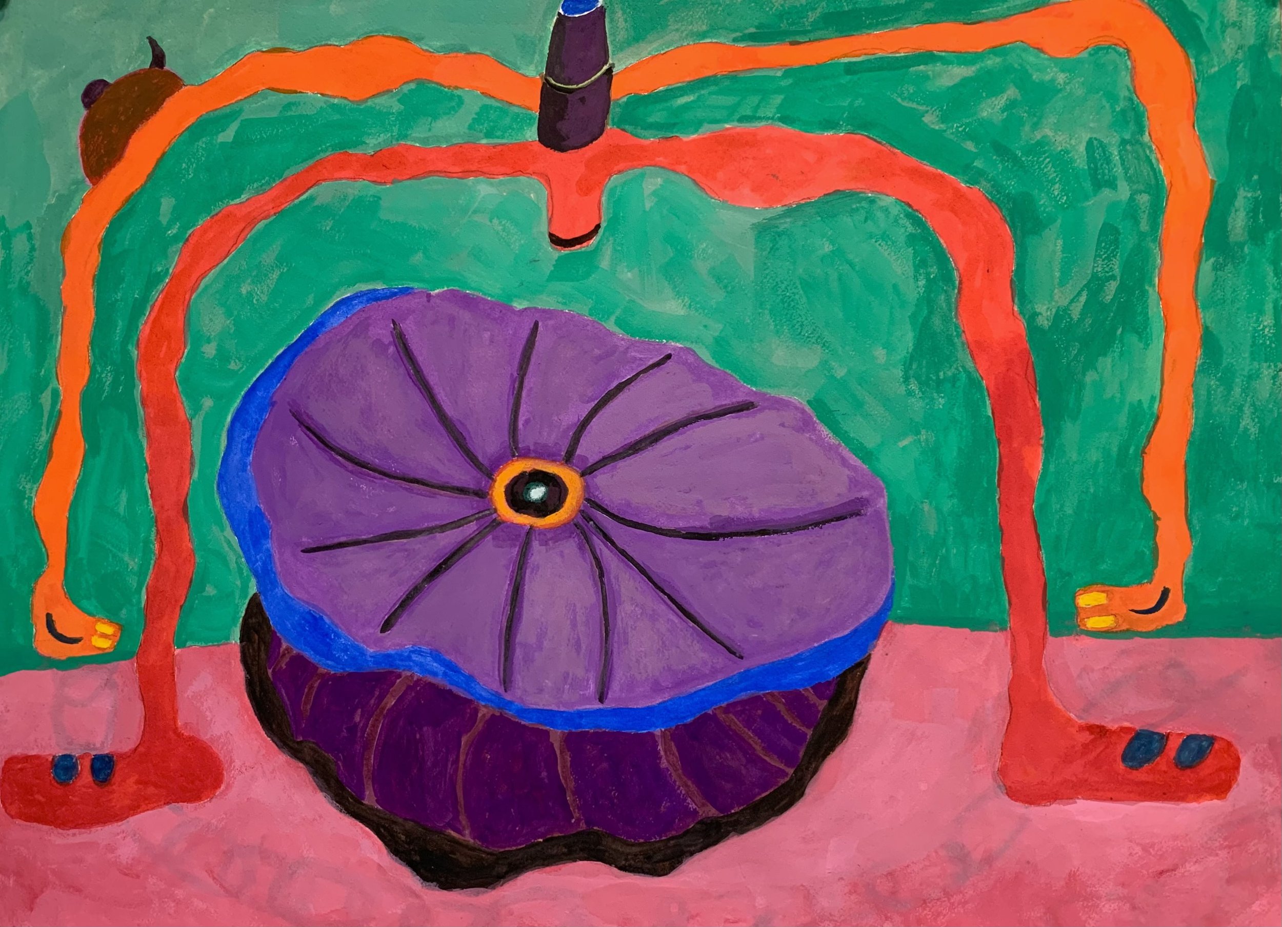 Broken Cycle Series: Handlebars and Tire. Gouache on Arches Paper. 24” x 18.” 2024.