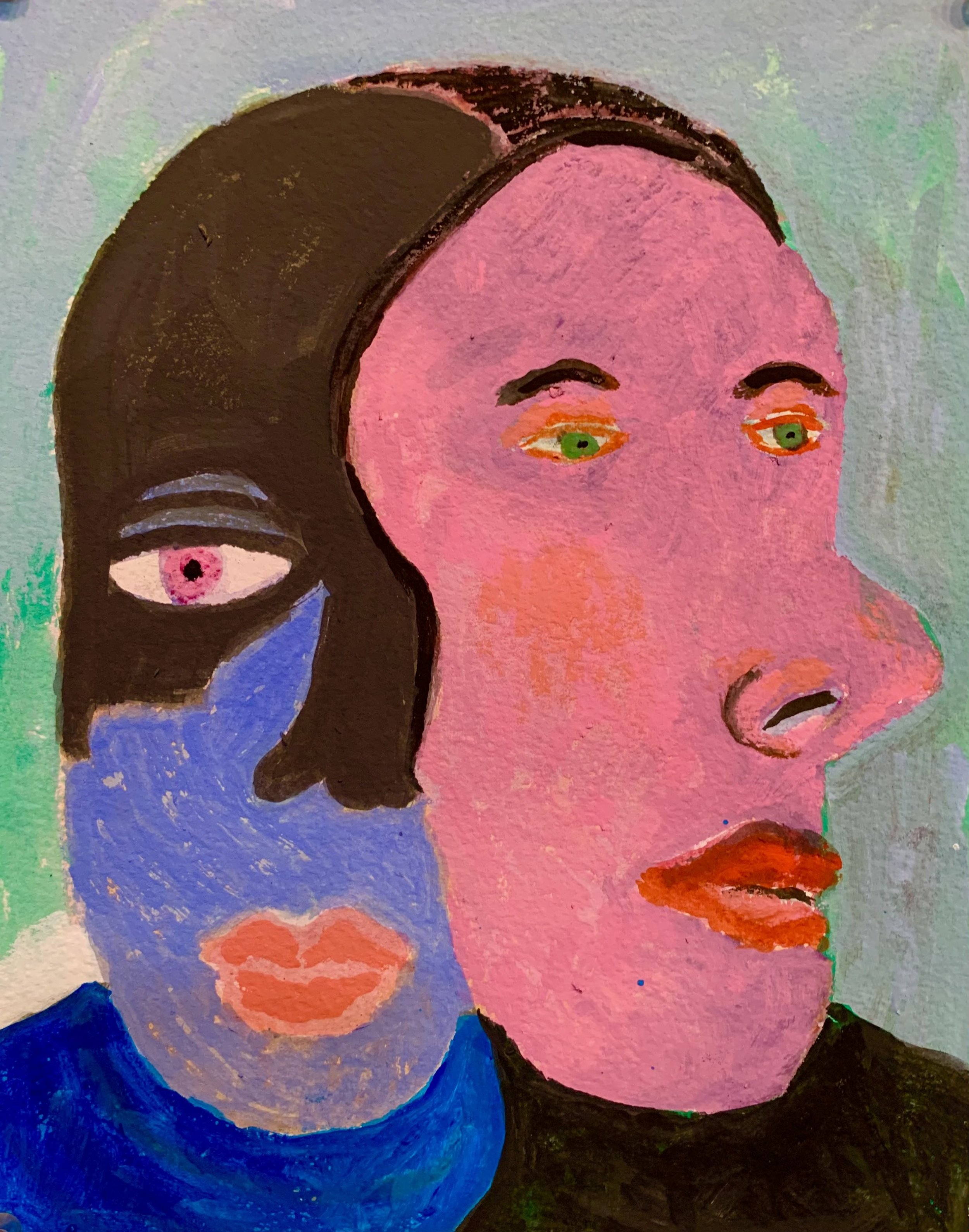 Portrait with Mask. Gouache on Arches Paper. 8” x 5.” 2024.