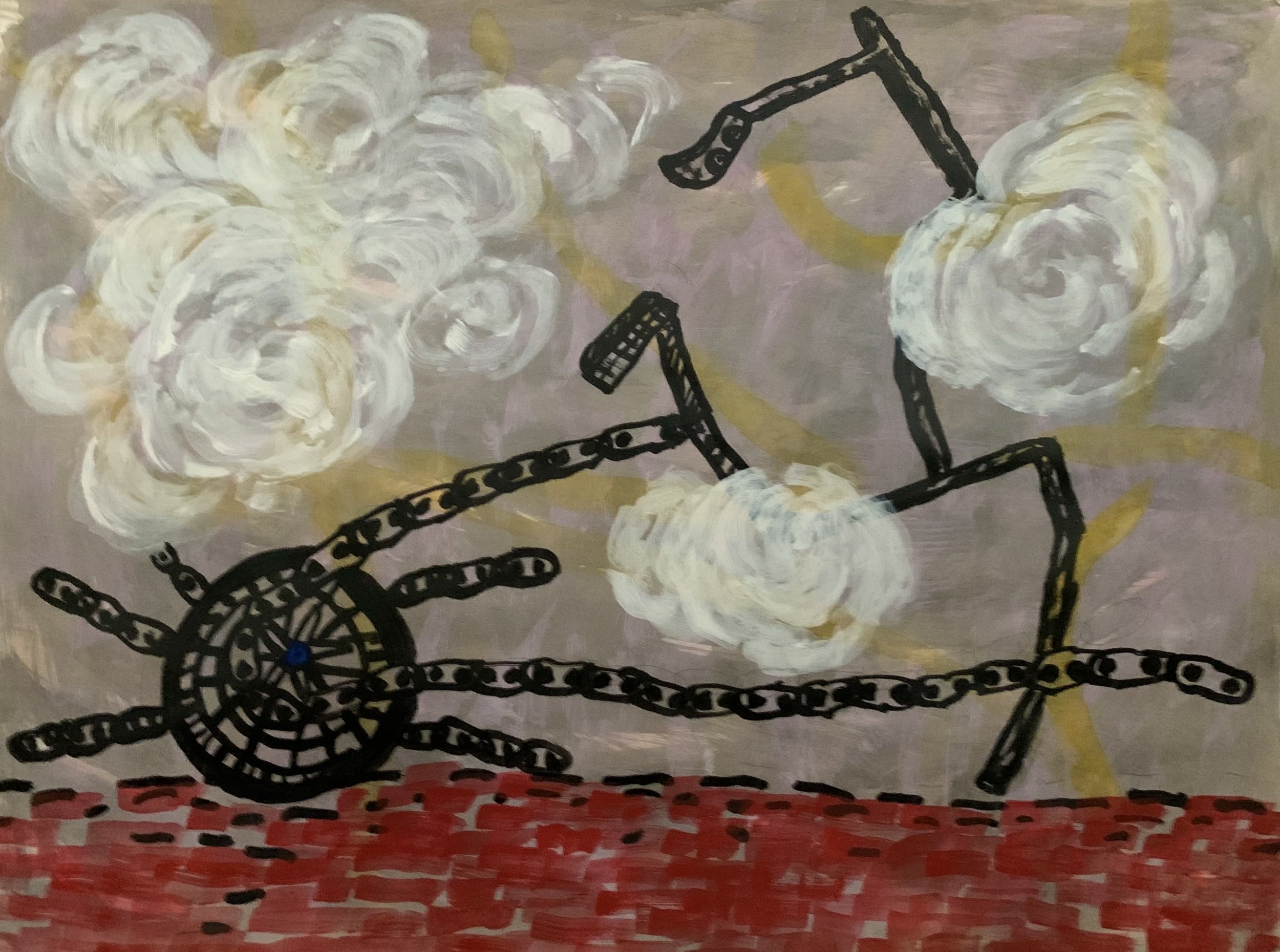  Broken Cycle Series: Torching the Sky. Gouache on Arches Paper. 24” x 18.” 2024. 