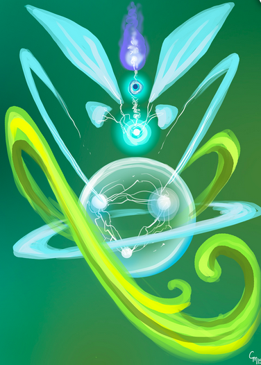 Sometimes I come across very odd energy bodies that do not follow the standard and this is one. The intense circular forms are energy centers like chakra points that spin in conjunction with one another. There is a lot of activity in the upper portion with those fan like structures capturing and directing information. The green swirling bits are constantly moving and act as all purpose appendages, splitting into long tendril like forms or into solid, shield like manifestations. Art and Interpretation by Cat Mason