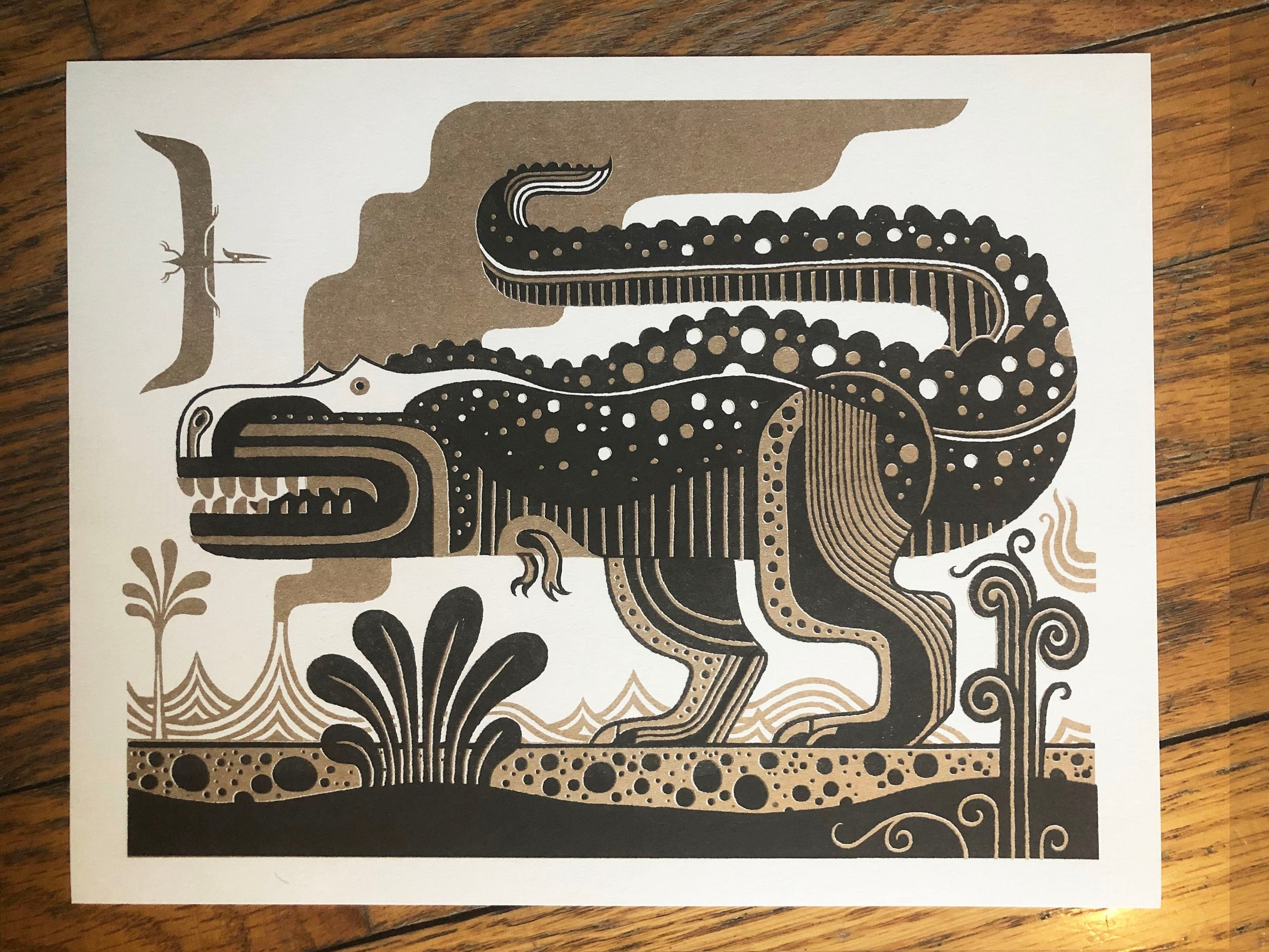 T Rex Dinosaur Risograph print 8.5 x 11 Gold and Black