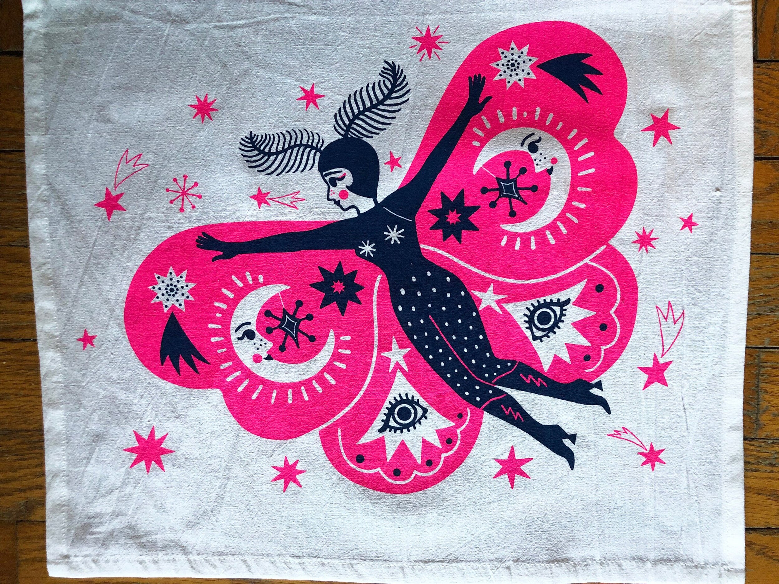 Silkscreened Celestial Fluorescent Pink and Blue Moth Woman Tea Towel