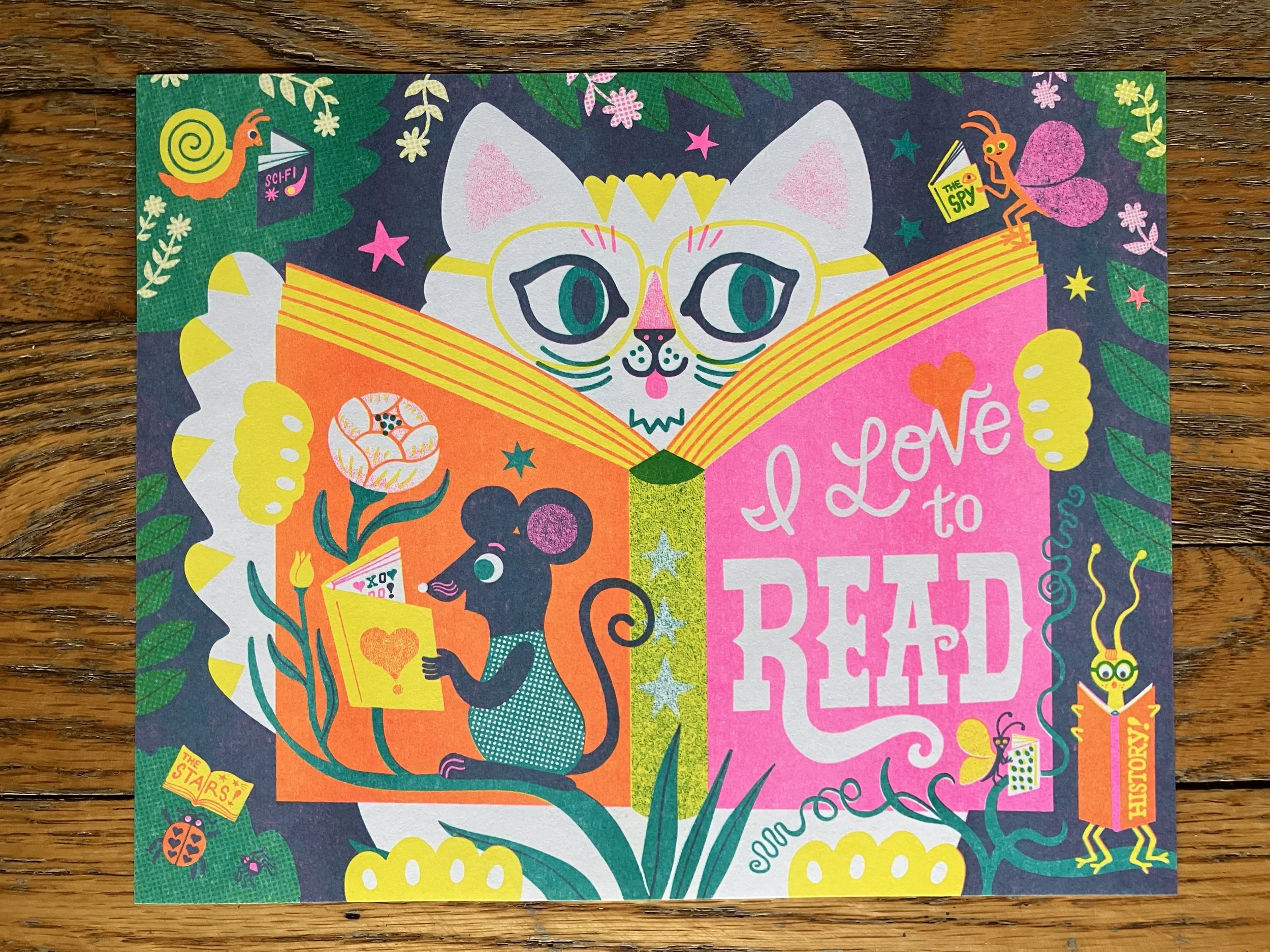Reading Cat and friends 3 color riso