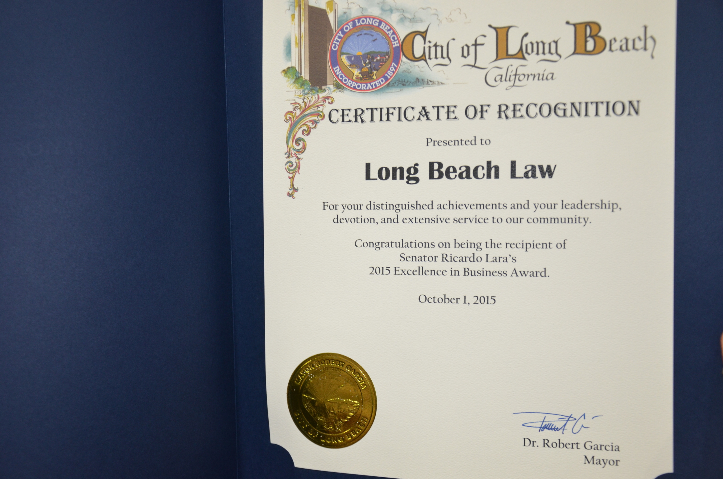 Long Beach Law award certificate