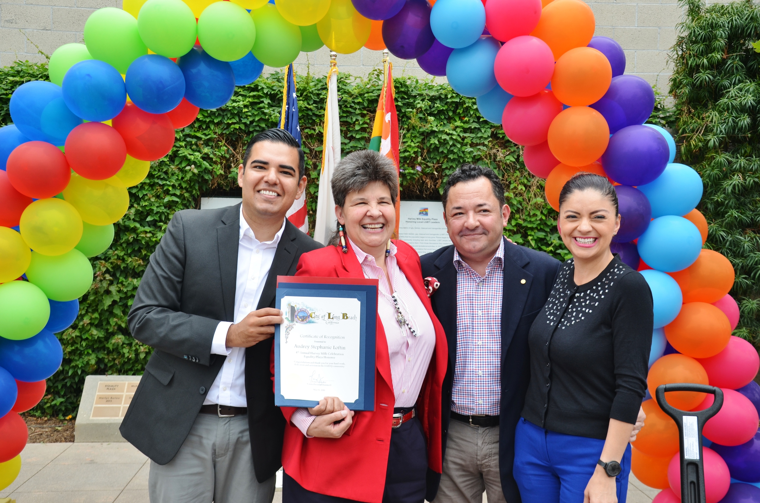 Stephanie Loftin inducted to Harvey Milk Park standing with Mayor Robert Garcia Raul Anorve and Lena Gonzalez