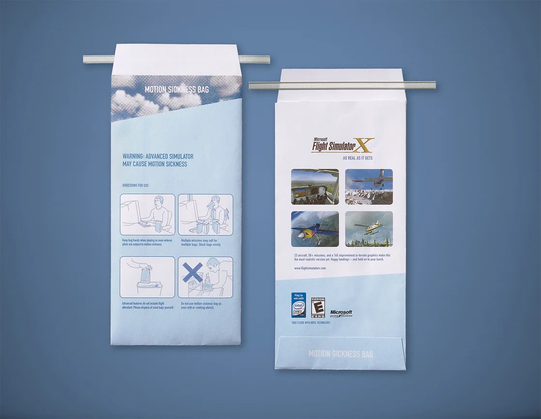    Barf bag : So real you may experience motion sickness. Distributed at air shows and gaming conventions with a demo disc inside. Apparently,&nbsp;some people actually used them (and they were leaky).  