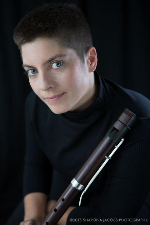 Classical musician, Emily O'Brien, with modern recorder, in Boston, MA