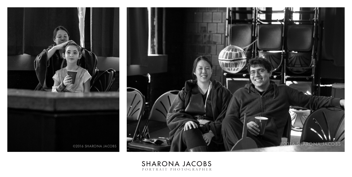 The birthday girl getting her hair done by our neighbor, Jean, on the left. On the right, Jean and James, avid Star Wars fans, backed by the Death Star. They own a Shiba Inu dog named Princess Leia.