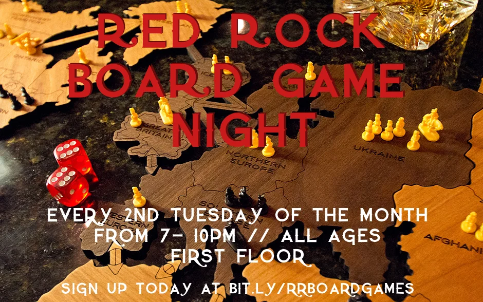 Settlers of Catan, Tiny Epic Western, Burgle Bros, Takenoko... If you recognize, love, or hate these and other similar tabletop games, then you need to check out Red Rock's new board game night. We'll be playing on the second Tuesday of every month, 7-10pm, starting in June. To hear more and to reserve your seat at a table, join our Google group at the button below.