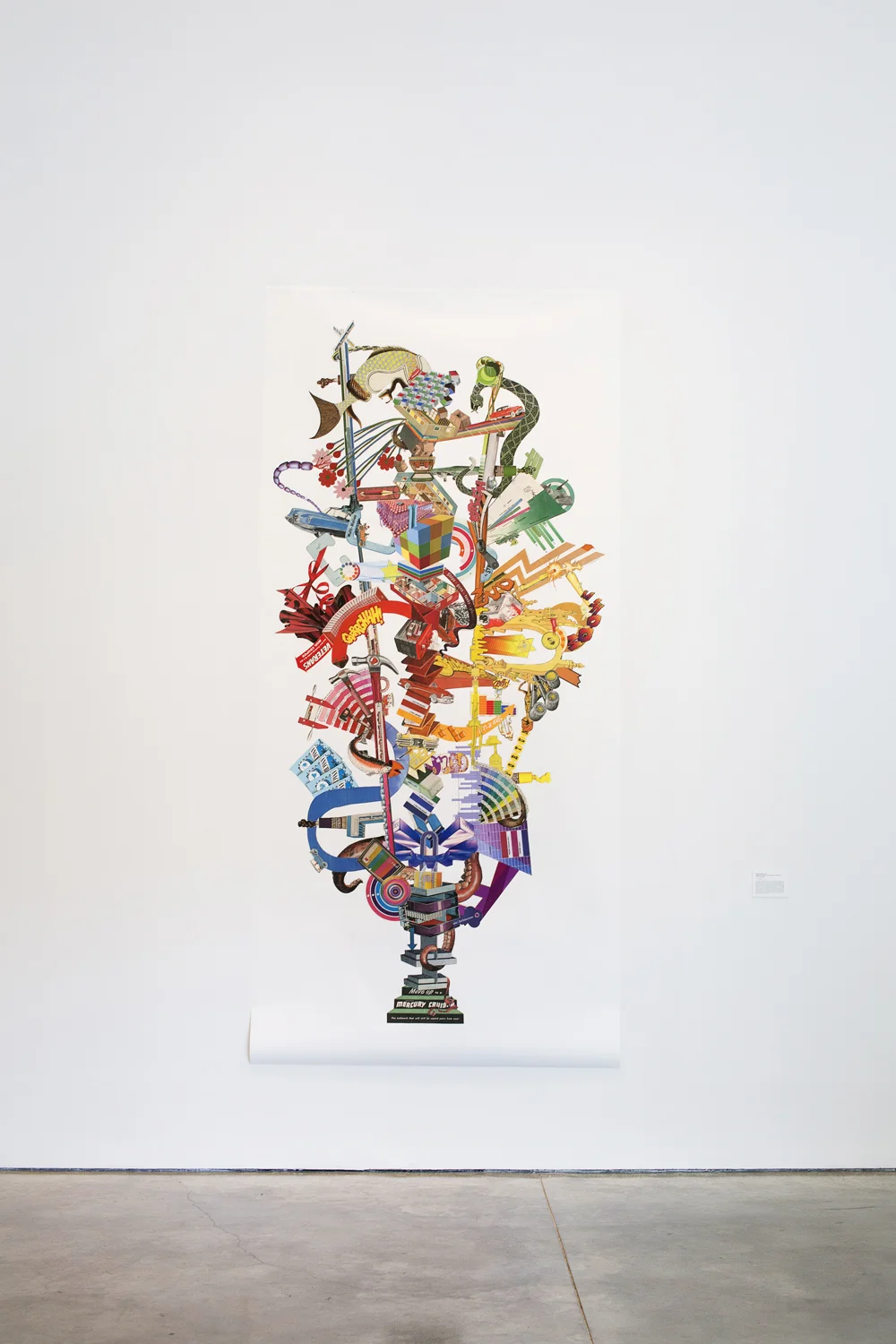 Monique Motut-Firth. Many multi-motion items probably safe unless downwind, 2015. 60 x 180". Installation view, Charles H. Scott. Inkjet print.