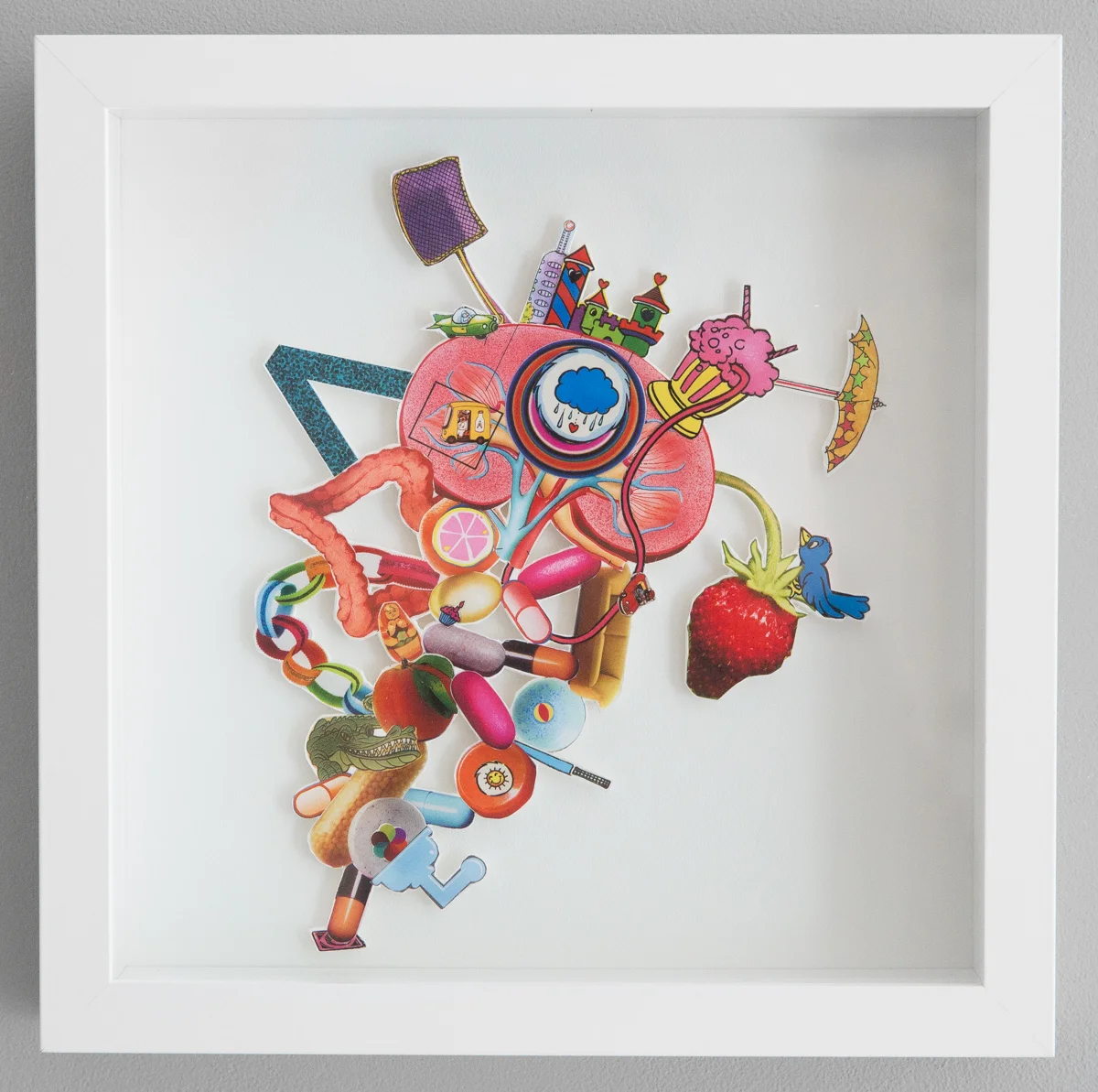 Monique Motut-Firth, Happy sad milkshake, 2017. Hand-cut inkjet print, mounted and framed, 9 x 9". Installation view.