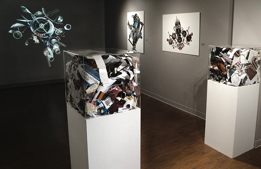 Machinations, 2018. Installation shot. Animation, wall mounted di-bond inkjet prints and plinths.