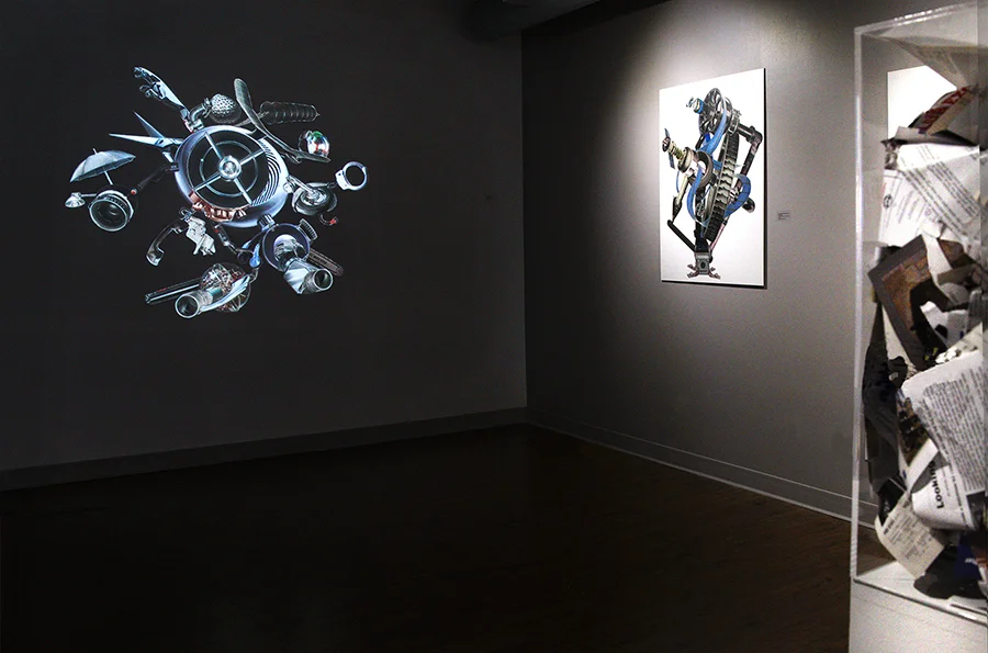Machinations , 2018. Installation, The Fields Gallery, Vancouver BC. Installation includes 1 min digital loop animation, a collaboration between Monique Motut-Firth and Jayson Woolvett, DRONE Life 1.0 , 2018.