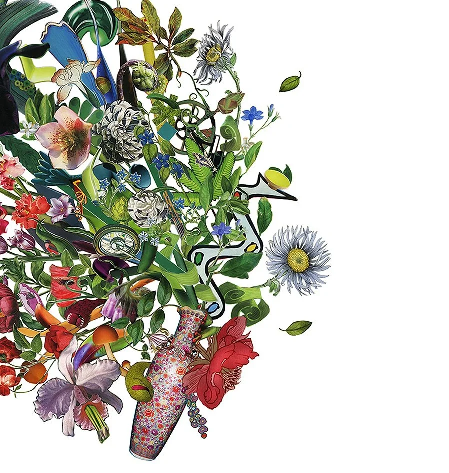 Tipping vase filled with flowers collage